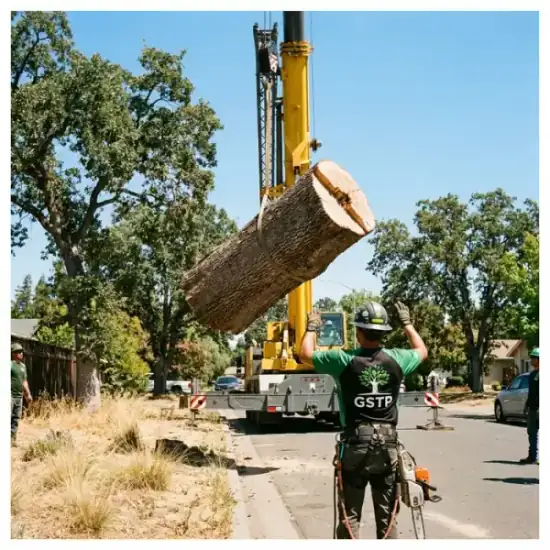 Crane lowering a tree section during a Houston removal